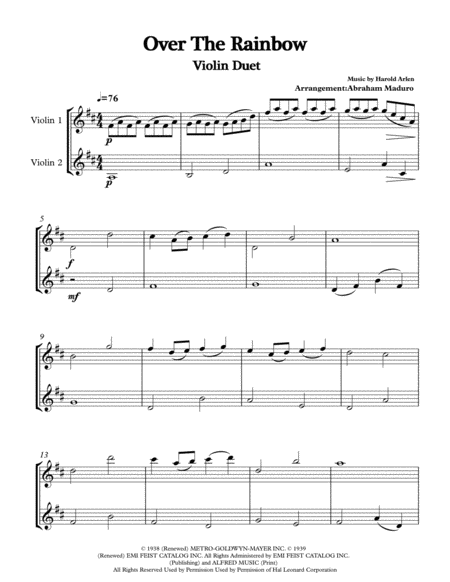 Free Sheet Music Over The Rainbow From The Wizard Of Oz Violin Duet