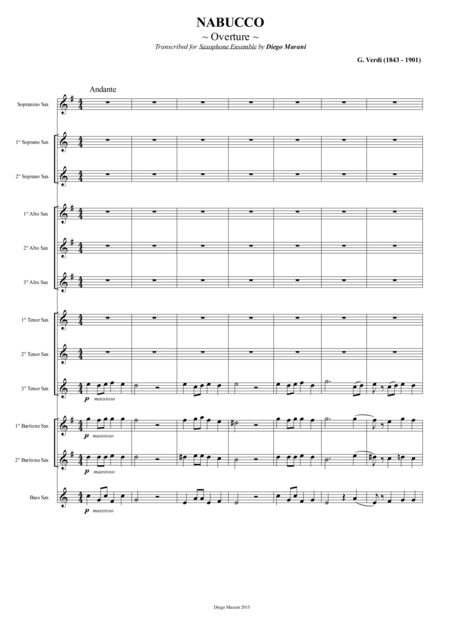 Overture From The Opera Nabucco For Saxophone Ensemble Sheet Music