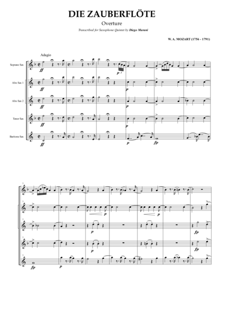 Free Sheet Music Overture From The Opera The Magic Flute For Saxophone Quintet