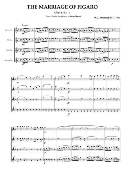 Free Sheet Music Overture From The Opera The Marriage Of Figaro For Saxophone Quartet Satb