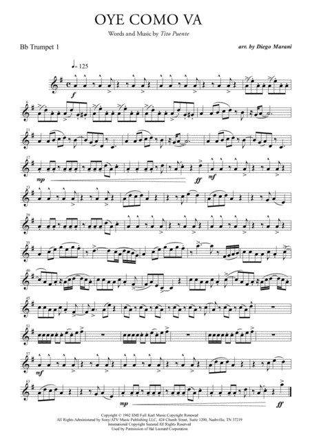 Oye Como Va For Brass Quartet Sheet Music