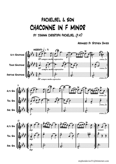 Free Sheet Music Pachelbel Son Chaconne In F Minor By J C Pachelbel And Praeludium Fugue In D Major By W H Pachelbel For Saxophone Trio Quartet