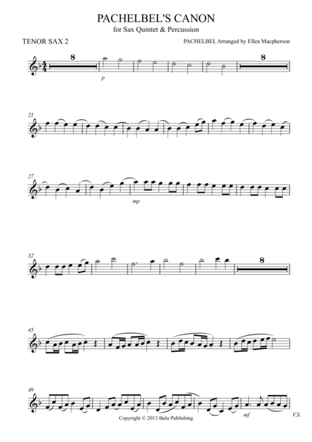 Pachelbels Cannon For Sax Quintet Percussion Tenor Sax 2 Sheet Music