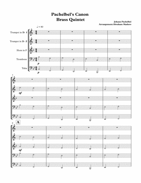 Pachelbels Canon Brass Quintet Sheet Music