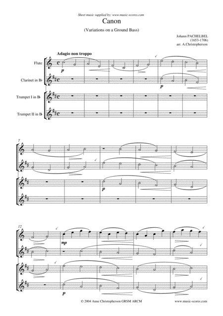 Free Sheet Music Pachelbels Canon Flute Clarinet 2 Trumpets Easy