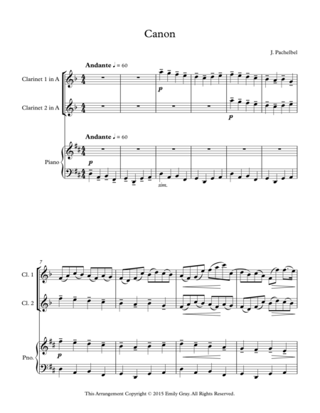 Free Sheet Music Pachelbels Canon For 2 Clarinets And Piano