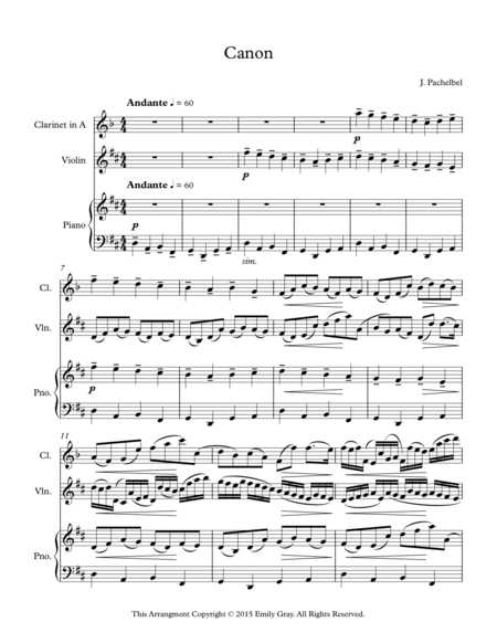 Free Sheet Music Pachelbels Canon For Clarinet Violin And Piano