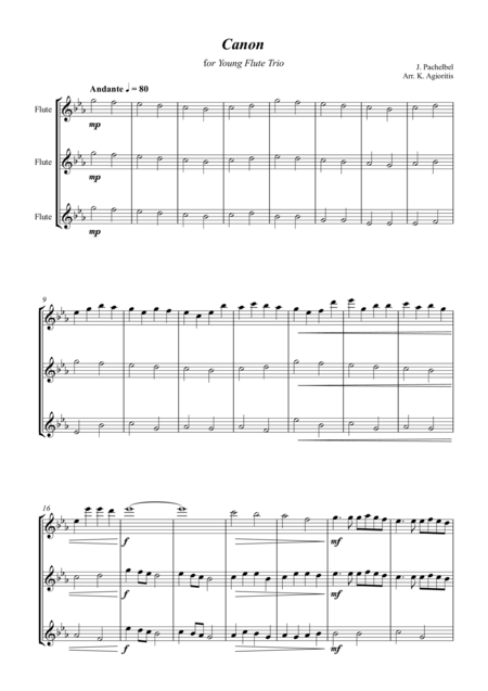 Free Sheet Music Pachelbels Canon For Young Flute Trio