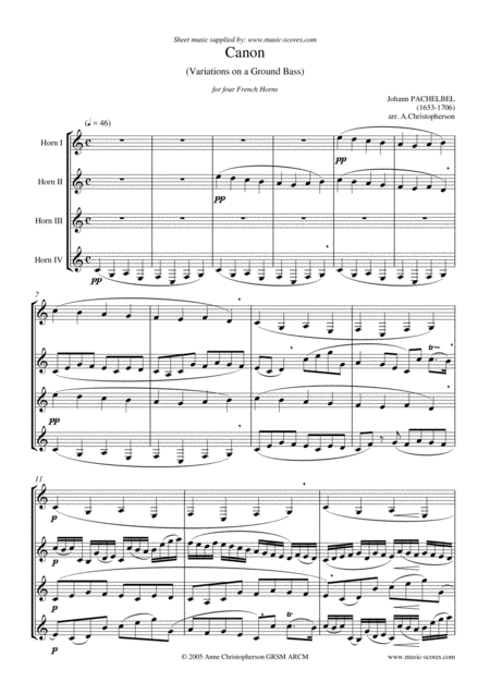 Free Sheet Music Pachelbels Canon French Horn Quartet