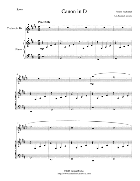 Free Sheet Music Pachelbels Canon In D For Bb Clarinet And Piano