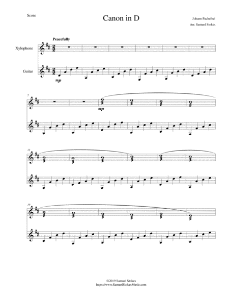 Free Sheet Music Pachelbels Canon In D For Xylophone Or Marimba And Guitar