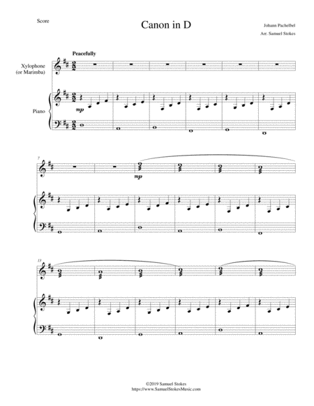 Free Sheet Music Pachelbels Canon In D For Xylophone Or Marimba And Piano