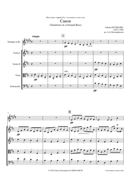 Free Sheet Music Pachelbels Canon String Quartet And Trumpet