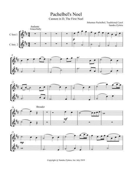 Pachelbels Noel Treble C Instrument Duet Parts Only Sheet Music