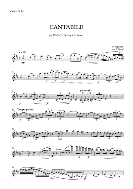 Free Sheet Music Paganini Cantabile For Violin And String Orchestra Parts