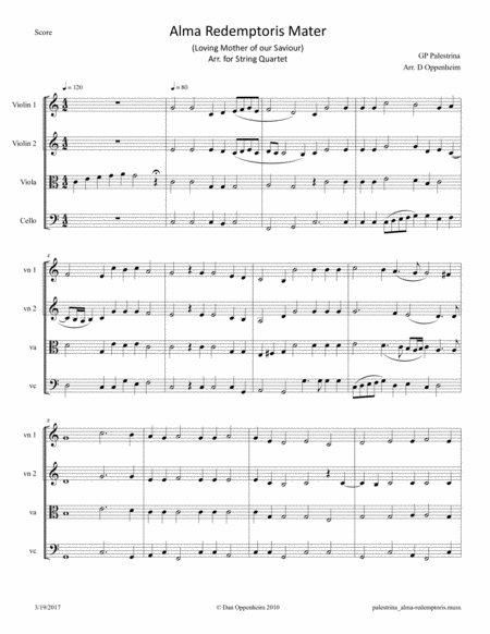 Palestrina Alma Redemptoris Mater Arr For String Quartet Sheet Music