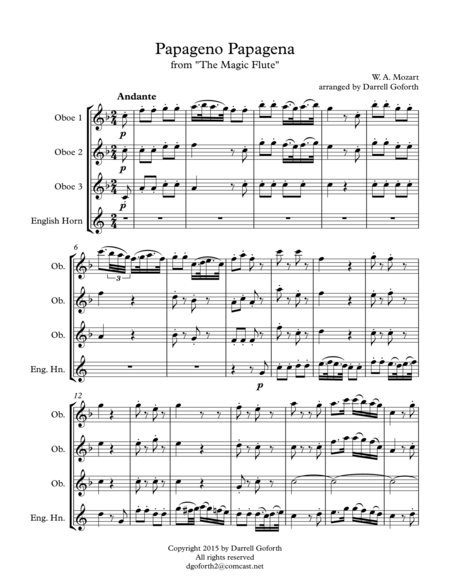 Papageno Papagena From The Magic Flute For 3 Oboes And English Horn Sheet Music