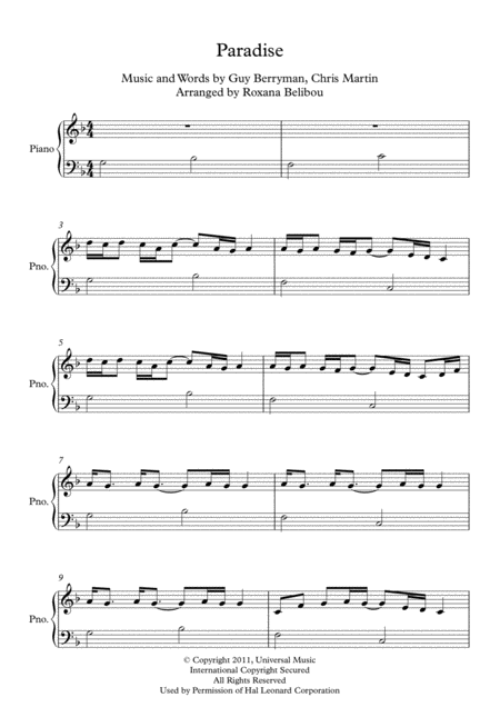 Paradise By Coldplay Easy Piano Sheet Music