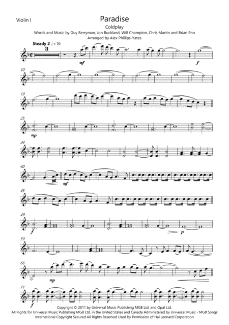 Paradise By Coldplay String Quartet Sheet Music