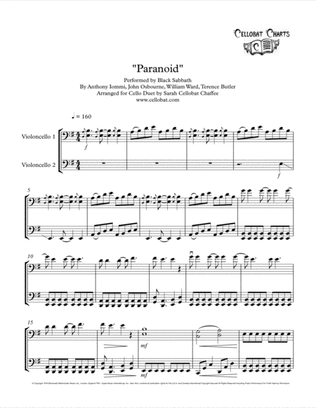 Free Sheet Music Paranoid Cello Duet Black Sabbath Arr Cellobat Recording Available