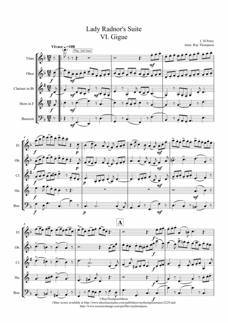 Parry Lady Radnors Suite Vi Gigue Wind Quintet Sheet Music