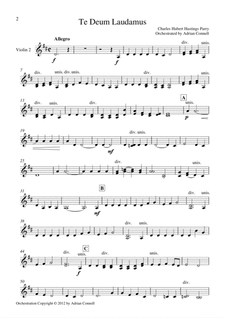 Free Sheet Music Parry Te Deum Orchestrated By Adrian Connell Violin 2