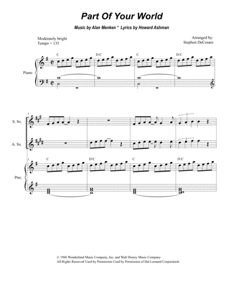 Free Sheet Music Part Of Your World For Saxophone Quartet