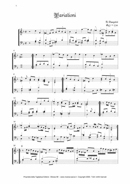 Pasquini Variazioni For Piano Organ Sheet Music