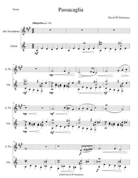 Passacaglia For Alto Saxophone And Guitar Sheet Music