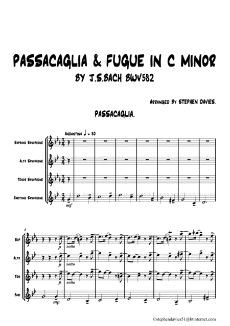 Free Sheet Music Passacaglia Fugue In C Minor Bwv832 By Js Bach For Saxophone Quartet