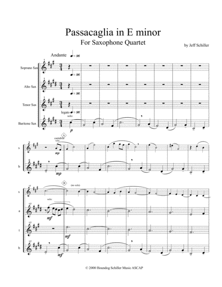 Free Sheet Music Passacaglia In E Minor For Saxophone Quartet
