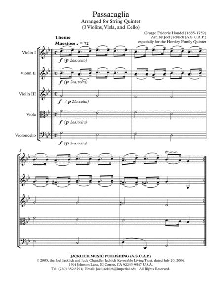 Free Sheet Music Passacaglia In G Minor For String Quintet 3 Violins Viola And Cello