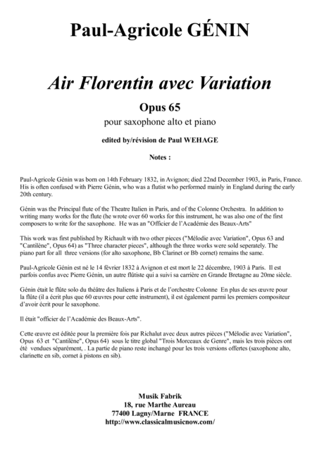 Paul Agricole Gnin Air Florentin Avec Variation Opus 65 For Alto Saxophone And Piano Sheet Music