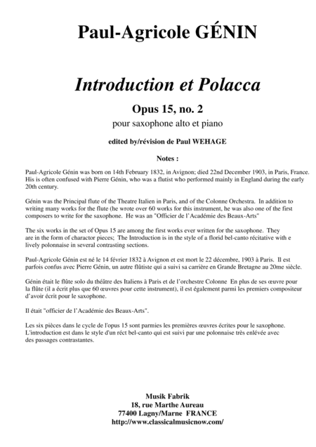 Paul Agricole Gnin Introdcution Et Polacca Opus 15 No 2 For Alto Saxophone And Piano Sheet Music