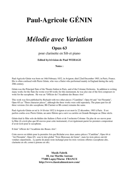 Paul Agricole Gnin Mlodie Avec Variation Opus 63 For Bb Clarinet And Piano Sheet Music