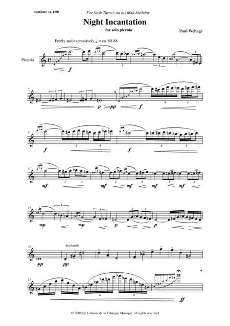 Free Sheet Music Paul Wehage Night Incantation For Solo Piccolo