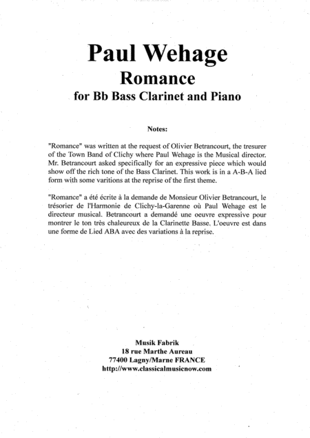 Free Sheet Music Paul Wehage Romance For Bass Clarinet And Piano