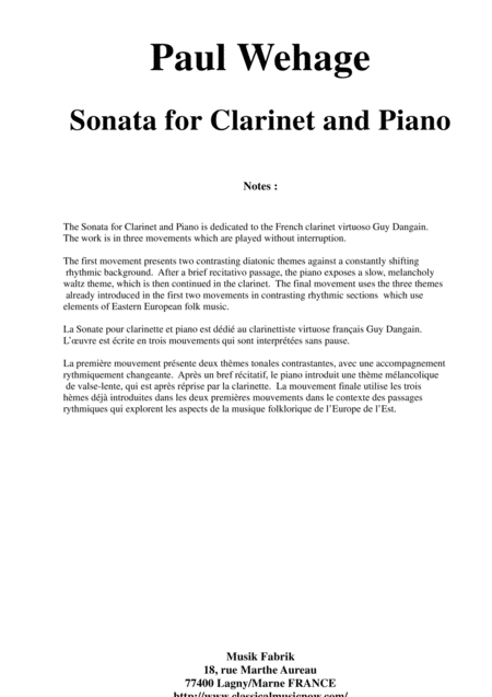 Paul Wehage Sonata For Bb Clarinet And Piano Sheet Music