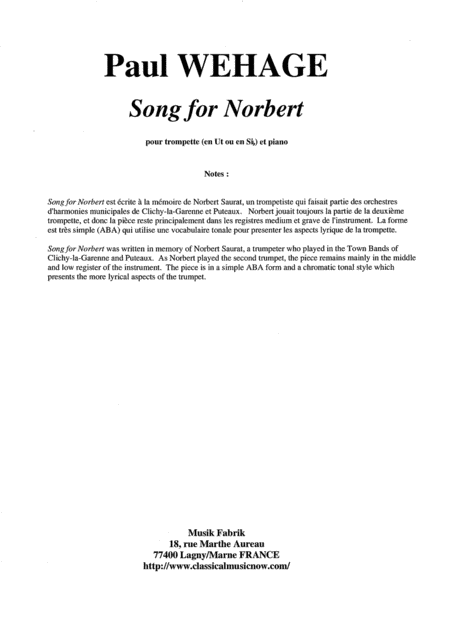 Paul Wehage Song For Norbert For Bb Or C Trumpet And Piano Sheet Music