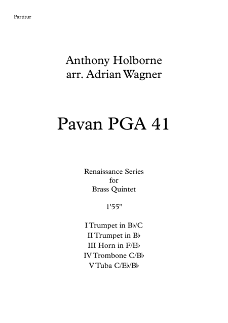 Pavan Pga 41 Anthony Holborne Brass Quintet Arr Adrian Wagner Sheet Music