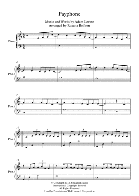 Payphone C Major By Maroon 5 Easy Piano Sheet Music