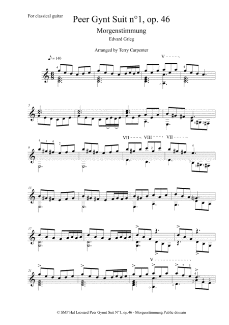 Free Sheet Music Peer Gynt Suit N 1 Morgenstimmung For Classical Guitar