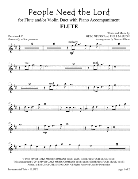 Free Sheet Music People Need The Lord For Flute And Or Violin Duet With Piano Accompaniment