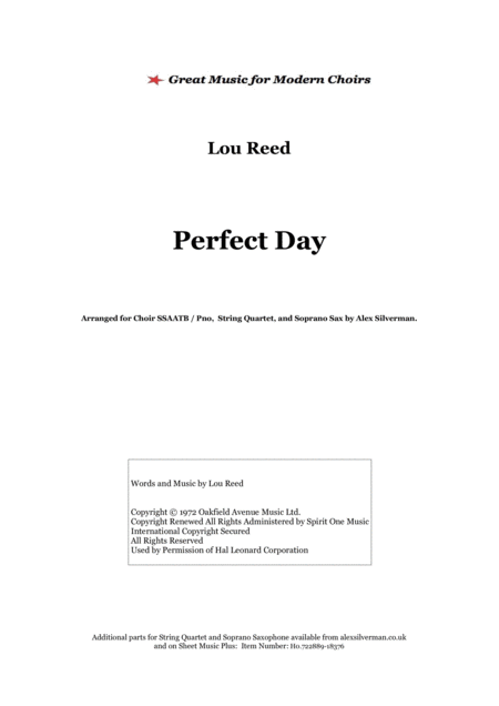 Perfect Day Lou Reed Choir Pno Edition Sheet Music