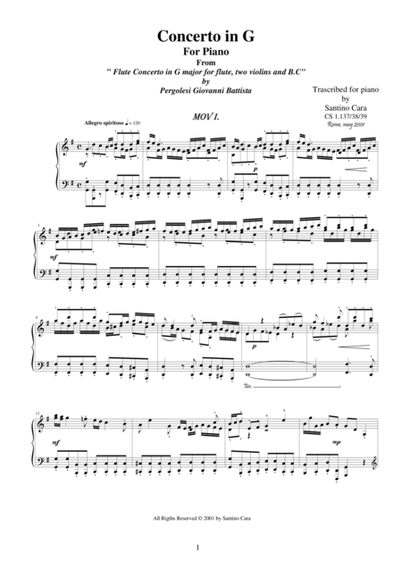 Free Sheet Music Pergolesi Gb Flute Concerto In G Piano Version 1 Allegro Spiritoso