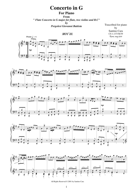 Free Sheet Music Pergolesi Gb Flute Concerto In G Piano Version 3 Presto