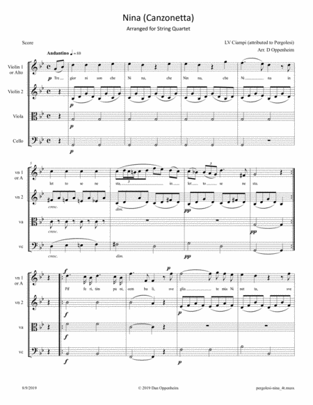 Pergolesi Nina Canzonetta Arranged For String Quartet Or Voice And String Trio Sheet Music