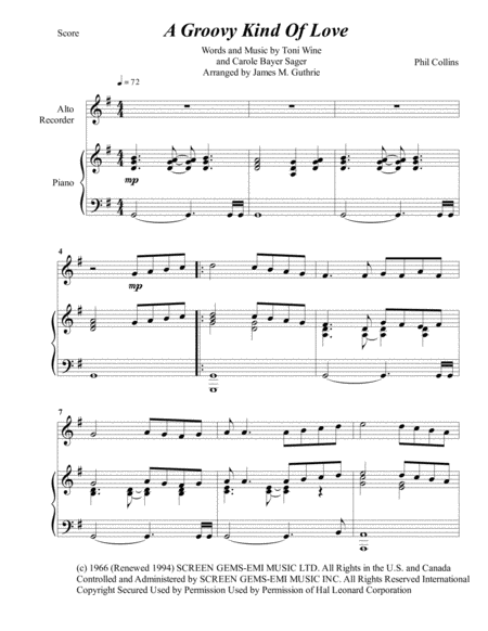 Free Sheet Music Phil Collins A Groovy Kind Of Love For Alto Recorder Piano