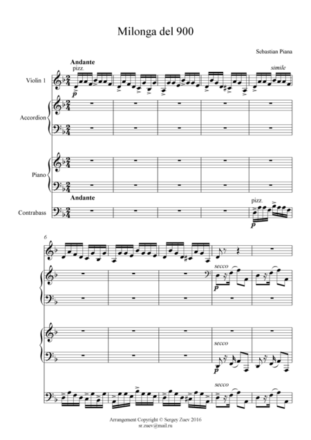 Free Sheet Music Piana Milonga Del 900 Quartet