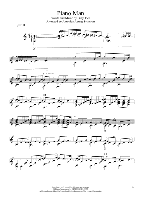 Piano Man Solo Guitar Score Sheet Music